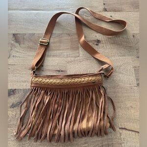 Vintage Garage suede Fringe Crossbody Bag Tan boho festival